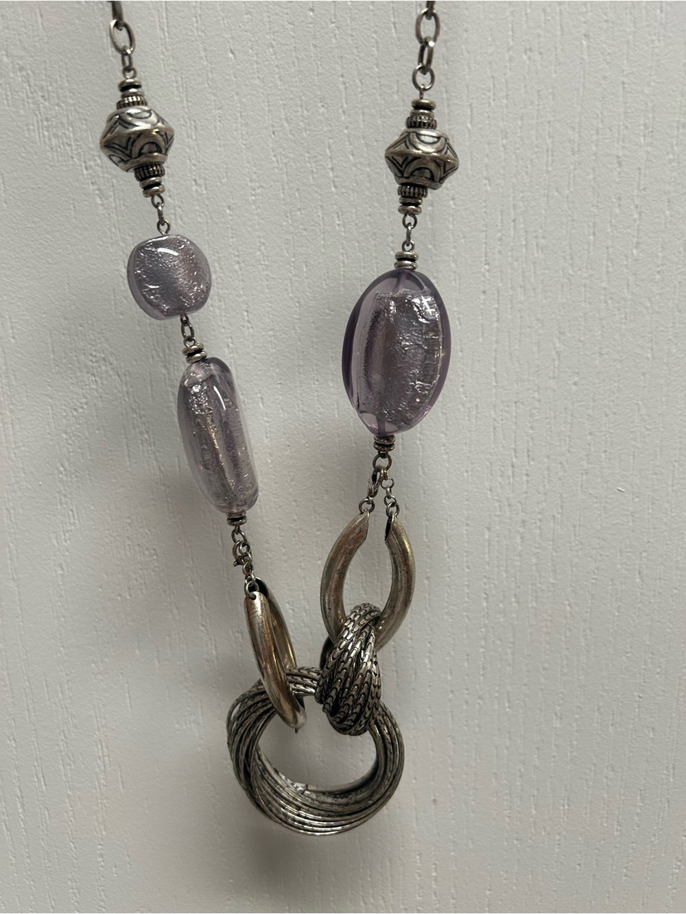Long Silver Chain Necklace with Light Purple Beads